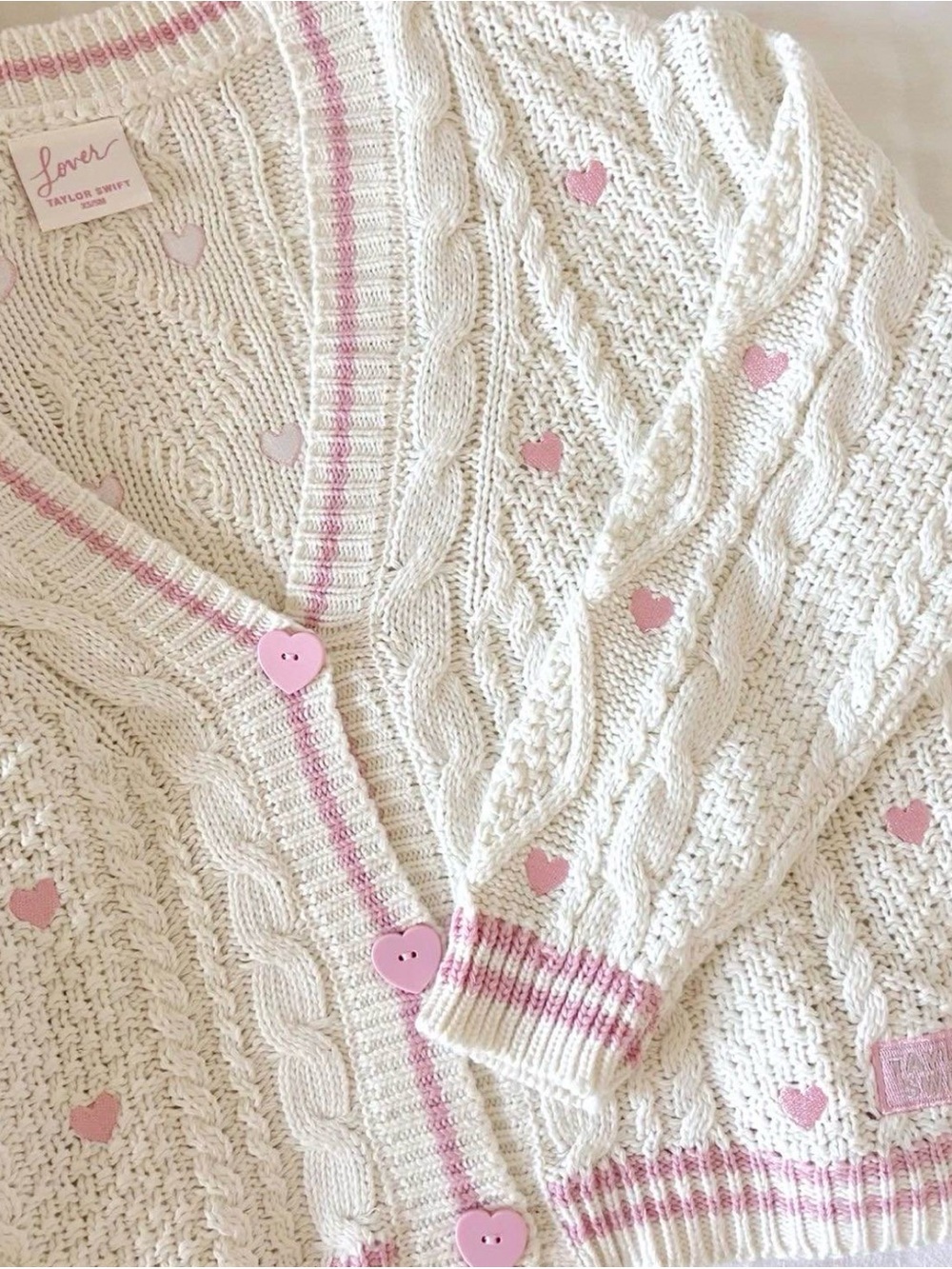 Taylor Swift Cream Cable Knit Cardigan with Pink Heart Buttons and Trim